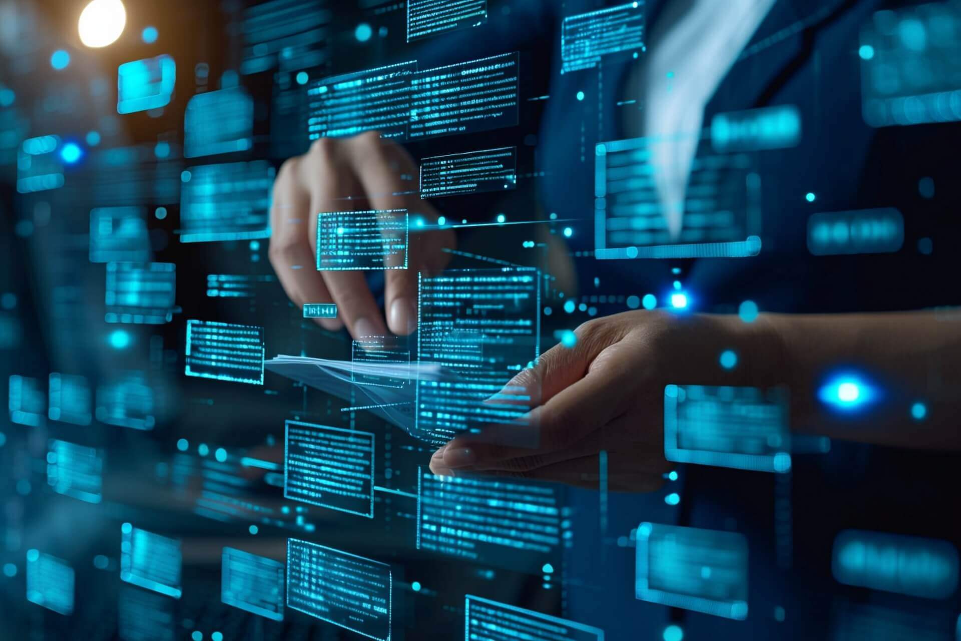 Efficient document management involves businessmen using a digital system to check and handle electronic documents on virtual screens, enhancing paperless operations through process automation