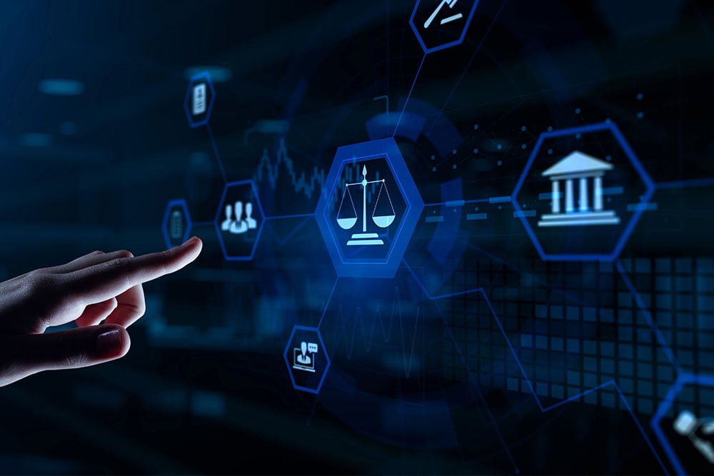 Attorney reviewing eDiscovery software dashboard on laptop showing document review analytics